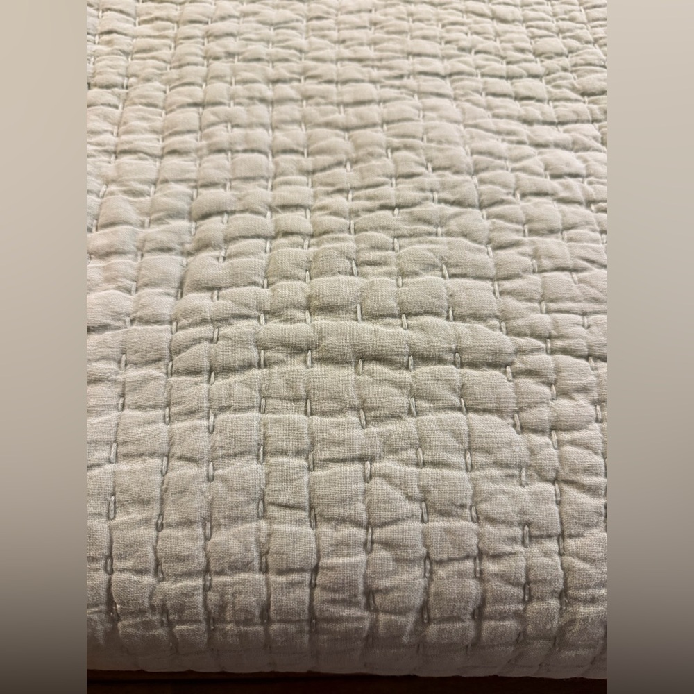 POTTERY BARN PICK-STITCH HANDCRAFTED LINEN/COTTON AQUA FULL/QUEEN QUILT